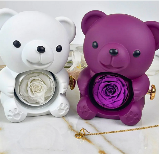 Urso giratório com rosas + colar de coração personalizado com nomes 💖