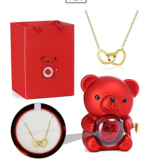 Urso giratório com rosas + colar de coração personalizado com nomes 💖