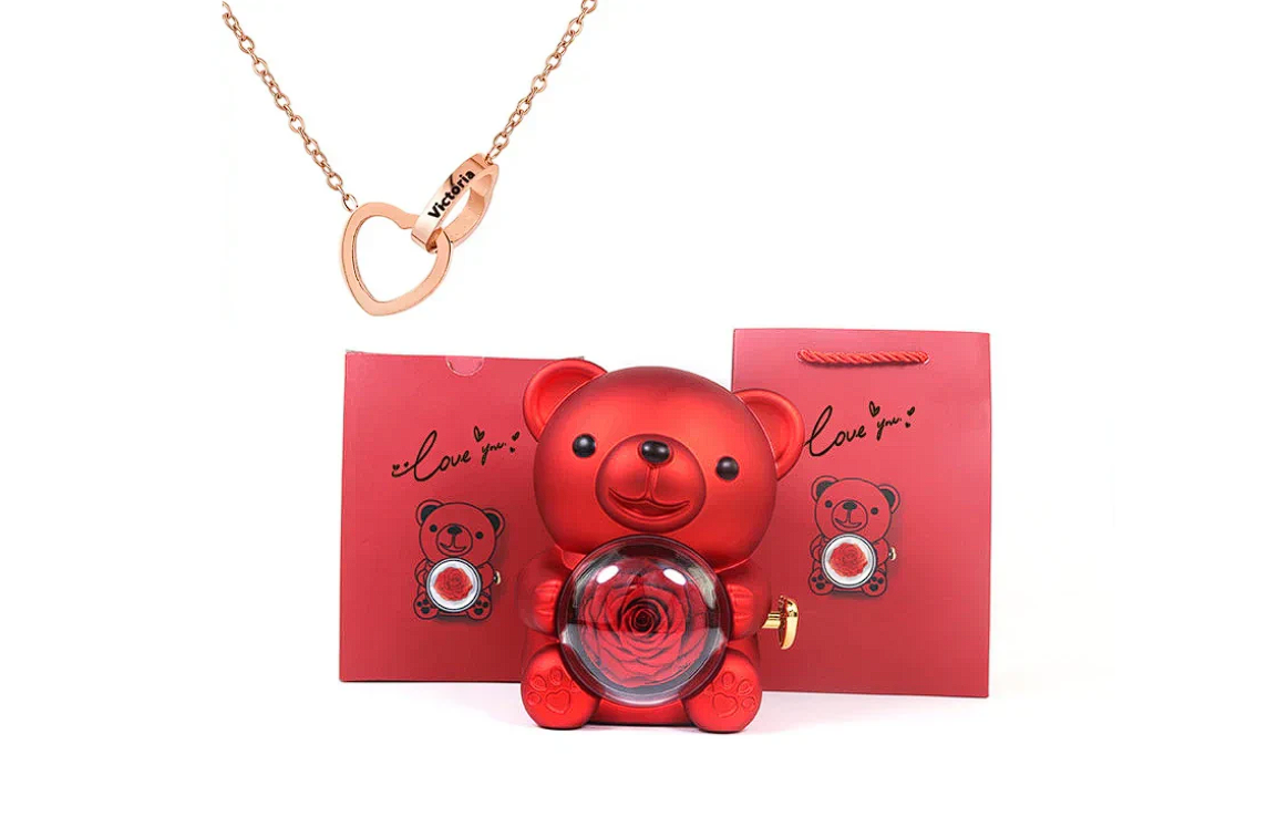 Urso giratório com rosas + colar de coração personalizado com nomes 💖