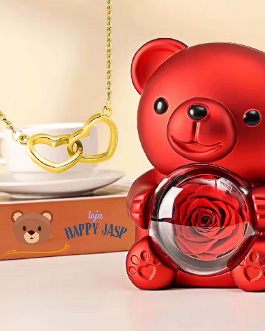 Urso giratório com rosas + colar de coração personalizado com nomes 💖