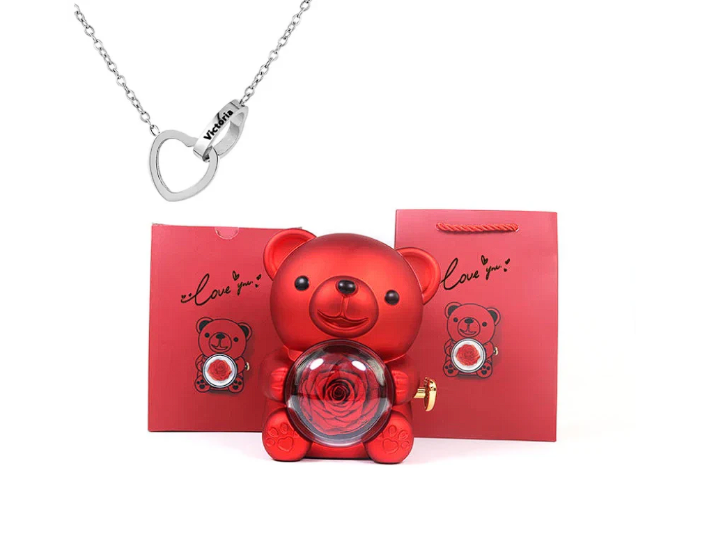 Urso giratório com rosas + colar de coração personalizado com nomes 💖